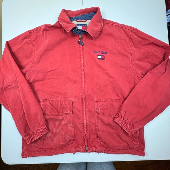 Tommy Hilfiger Other - Tommy Hilfiger Red Canvas Zip Jacket Mens S Flag Logo Custom Embroidery